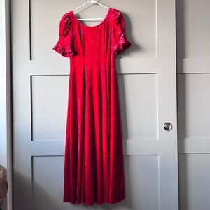 U'i No! Velvet Muumuu Hawaiian Maxi Dress Sz 7/8 Red Puff Sleeve Hula Formal